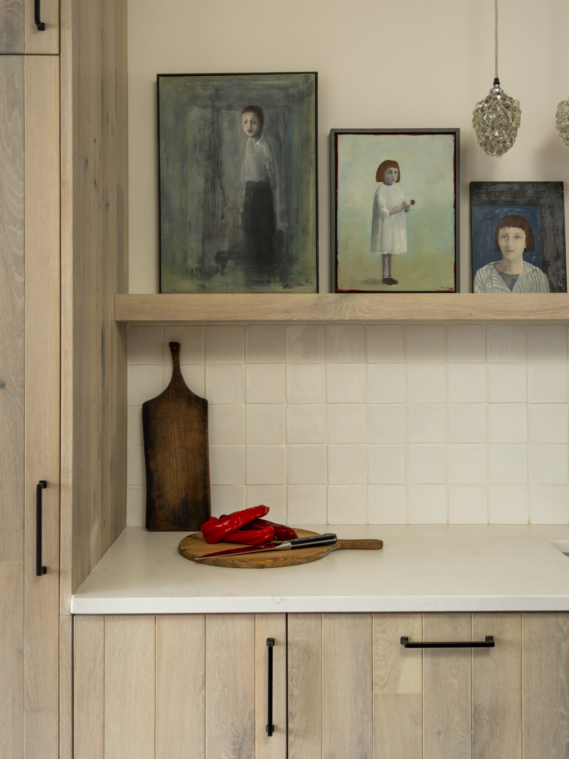 Set of three images of bespoke, handmade tall stools made from wood with natural grains visible